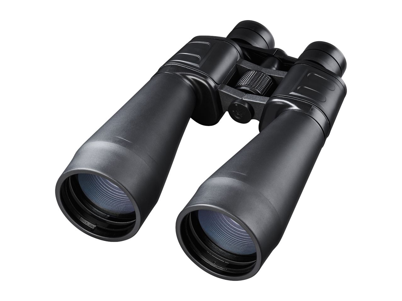 Black binoculars with large objective lenses on a white background