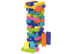 A tall, colorful tower of wooden blocks with cartoon cat characters, some blocks are scattered at the base.