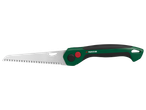 Saliekamais rokas zāģis ar zaļi melnu rokturi un sudraba asmeni.