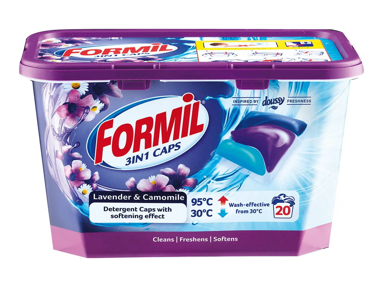 Formil 3in1 detergent caps, lavender & chamomile, softening effect.