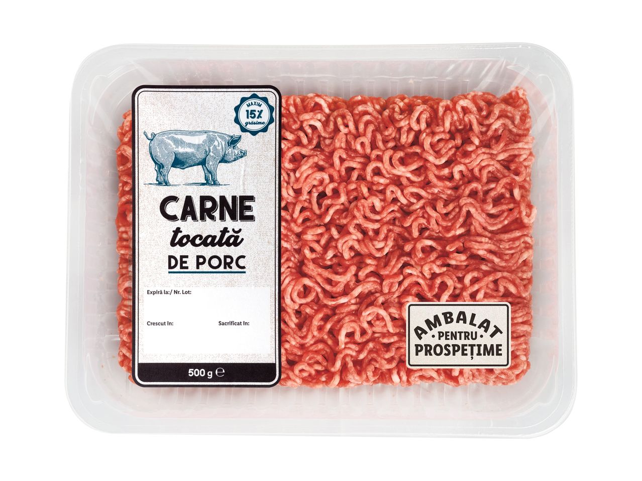 500g carne tocată de porc ambalată.