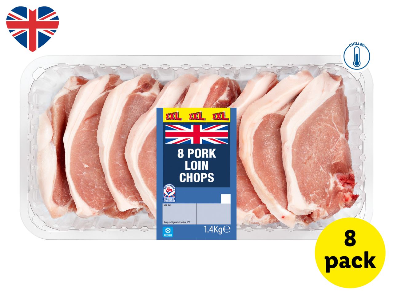 Pack of 8 chilled pork loin chops, 1.4kg, with a Union Jack flag and 'XXL' labels.