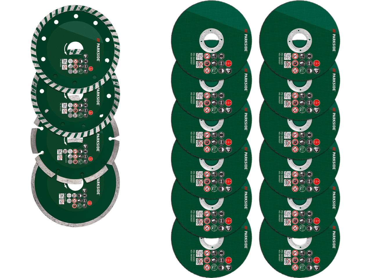 En samling Parkside kapskivor och diamantskivor i olika storlekar.