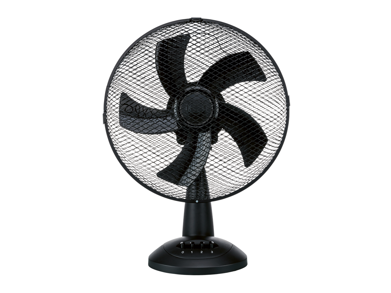 Tronic galda ventilators ar melnu režģi un ātruma regulēšanas pogām.