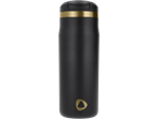 Black travel mug with a gold band and a gold triangular logo.