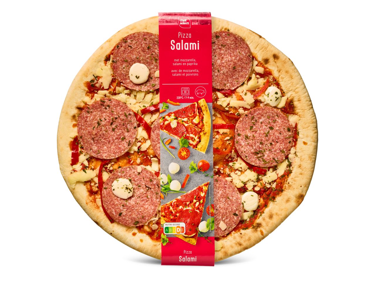 Chef Select salami pizza: mozzarella, salami en paprika.