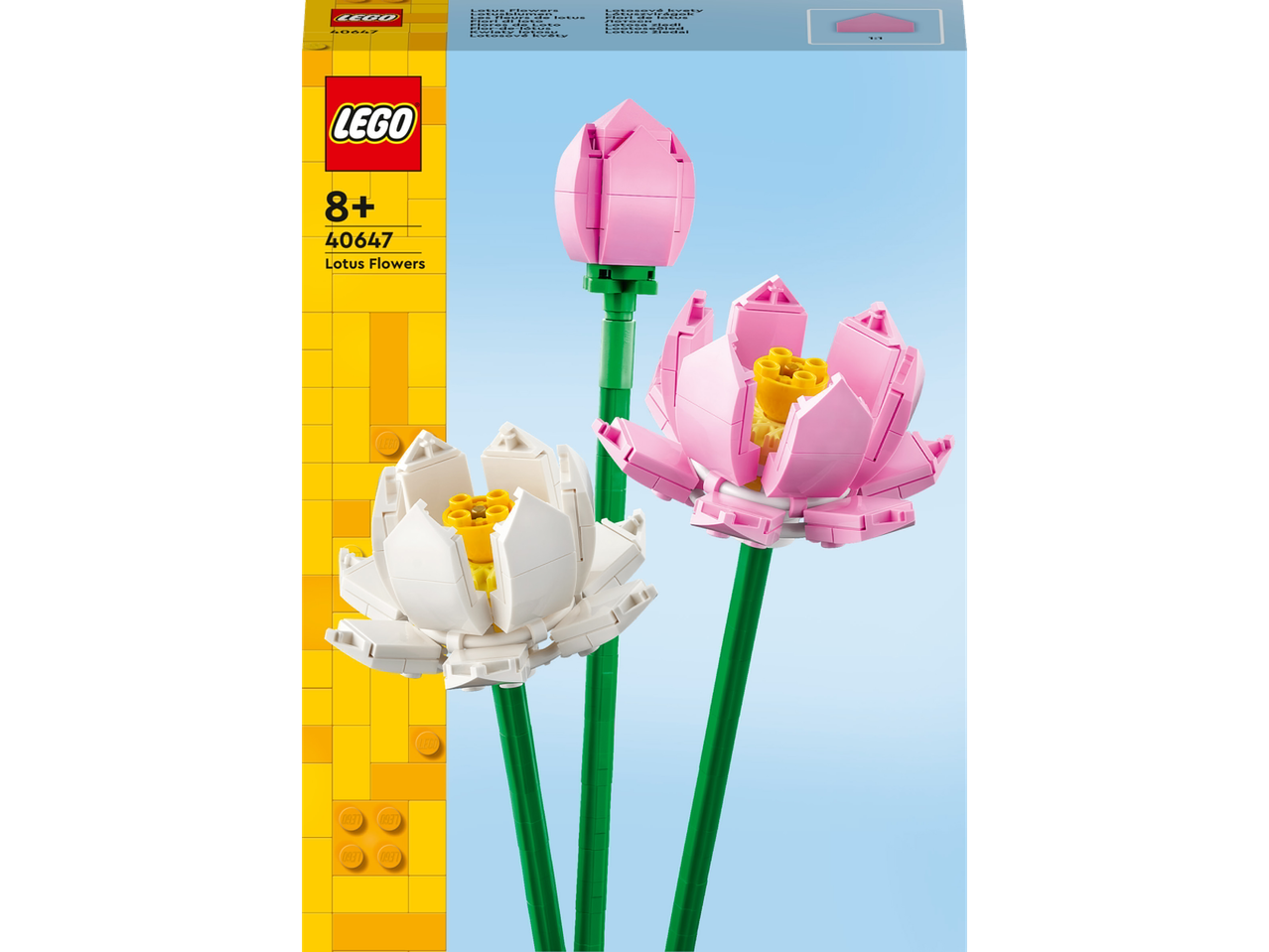 Építhető lótuszvirágok, fehér és rózsaszín színben, zöld szárakkal, világoskék háttér előtt.