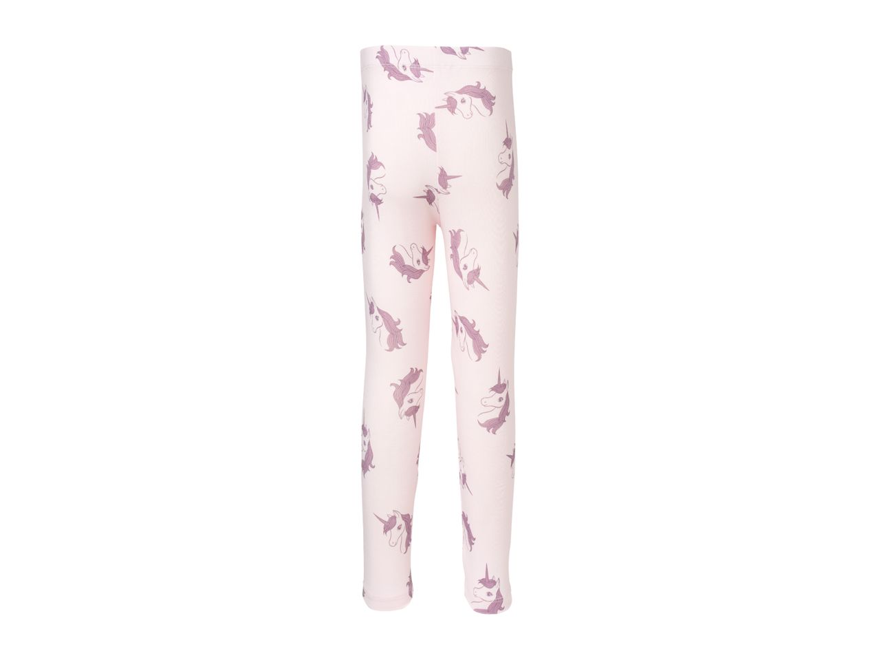 Pink children's leggings with a purple unicorn pattern.