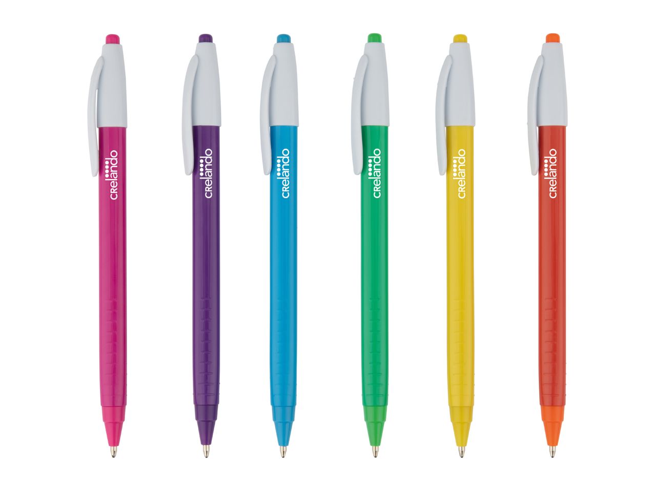 Six colorful ballpoint pens in pink, purple, blue, green, yellow, and red, each with a white clip.