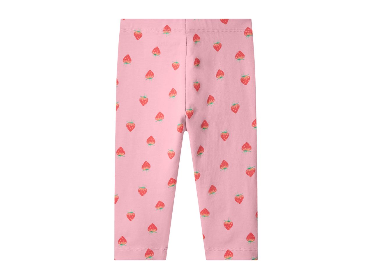 Pink children's leggings with a strawberry print.