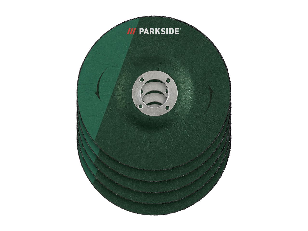 Stack of five green grinding discs with a metal center, featuring directional arrows on the top disc.