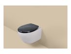 Wall-mounted toilet with a dark grey slate-effect seat against a beige wall.