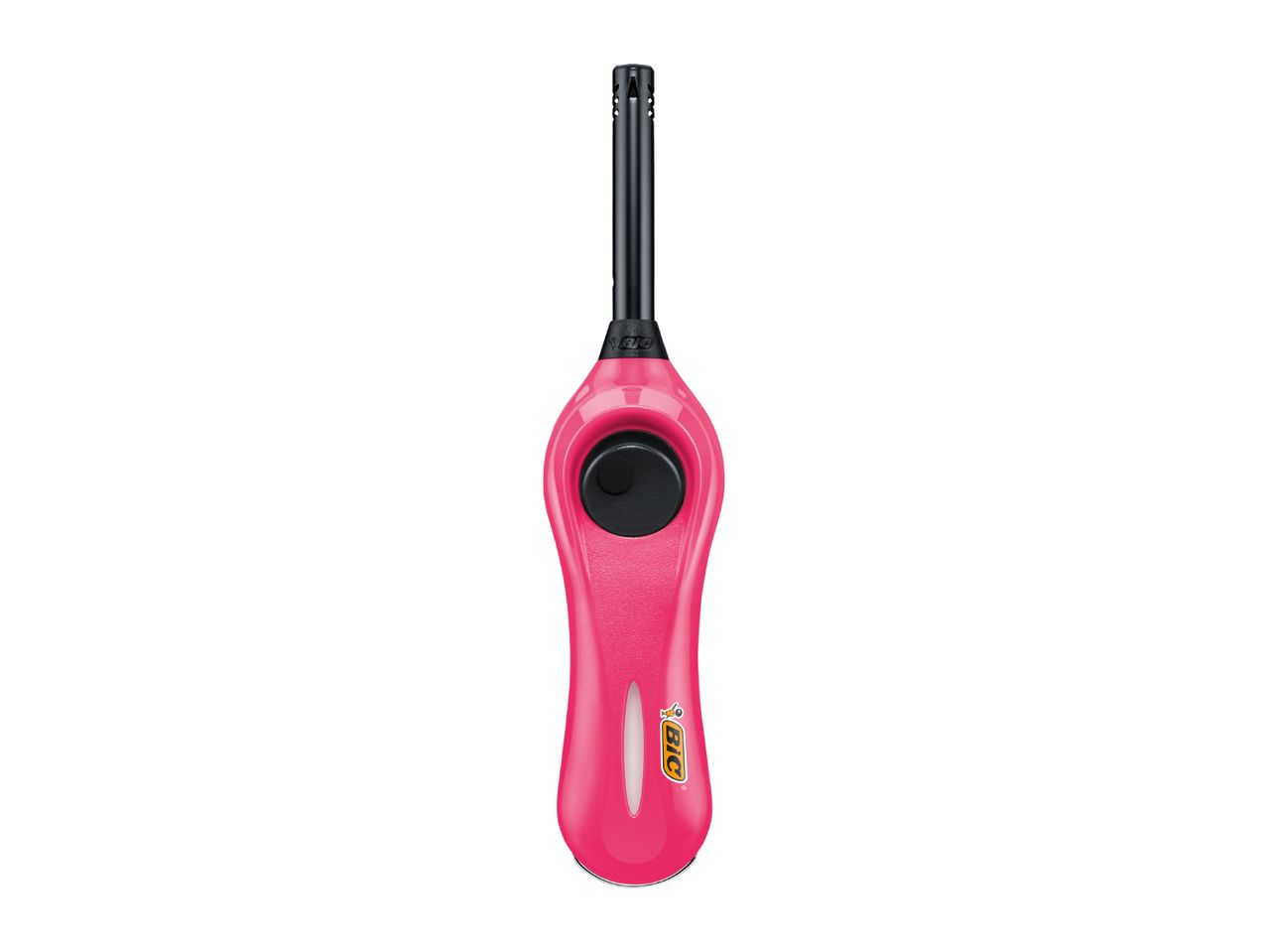 Pink gas lighter with a black igniter button and a long black nozzle.