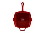 Red square grill pan with a handle, showing cooking compatibility symbols on the bottom.