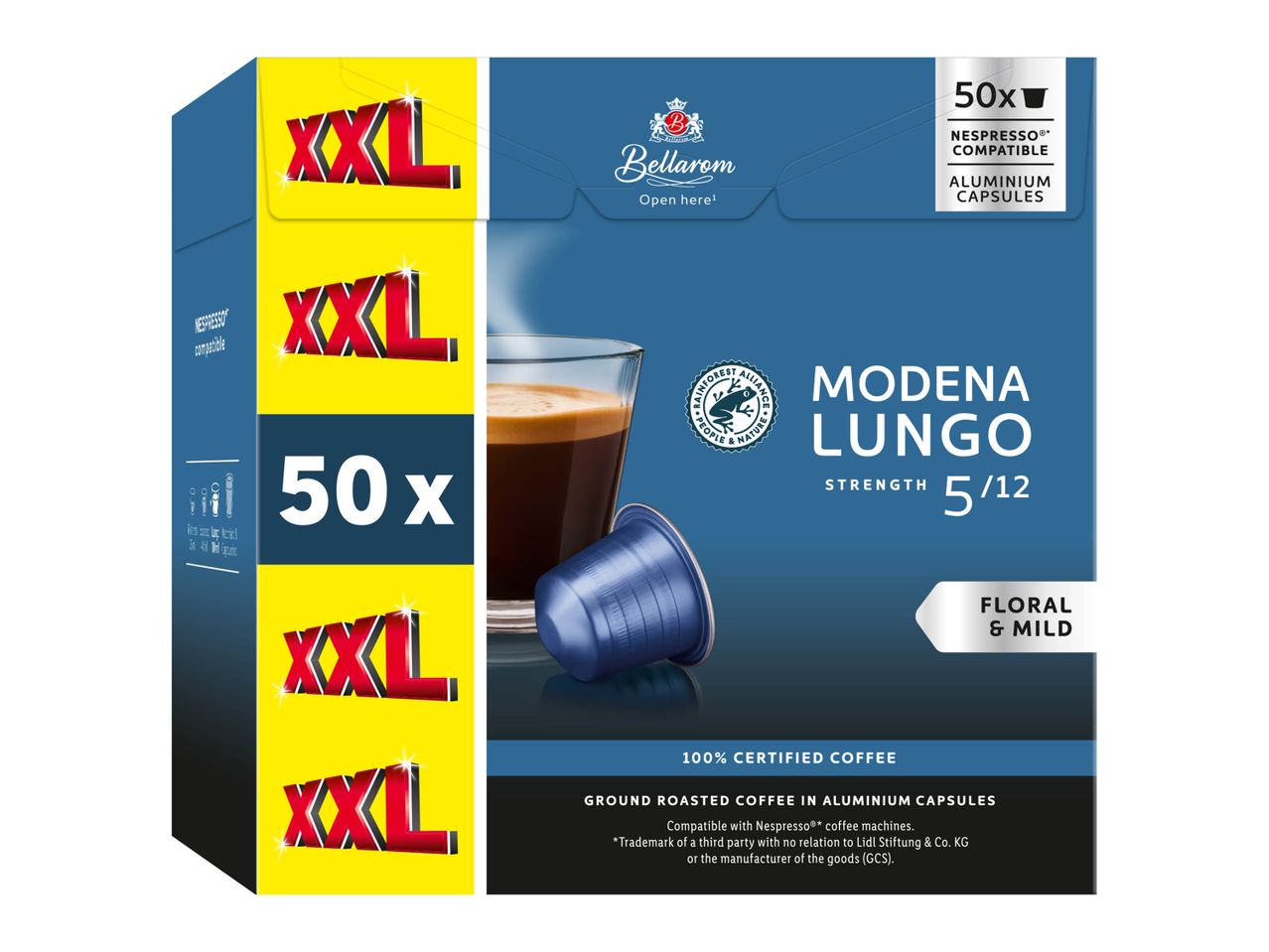 Bellarom Modena Lungo : 50 capsules compatibles Nespresso®, floral et doux.