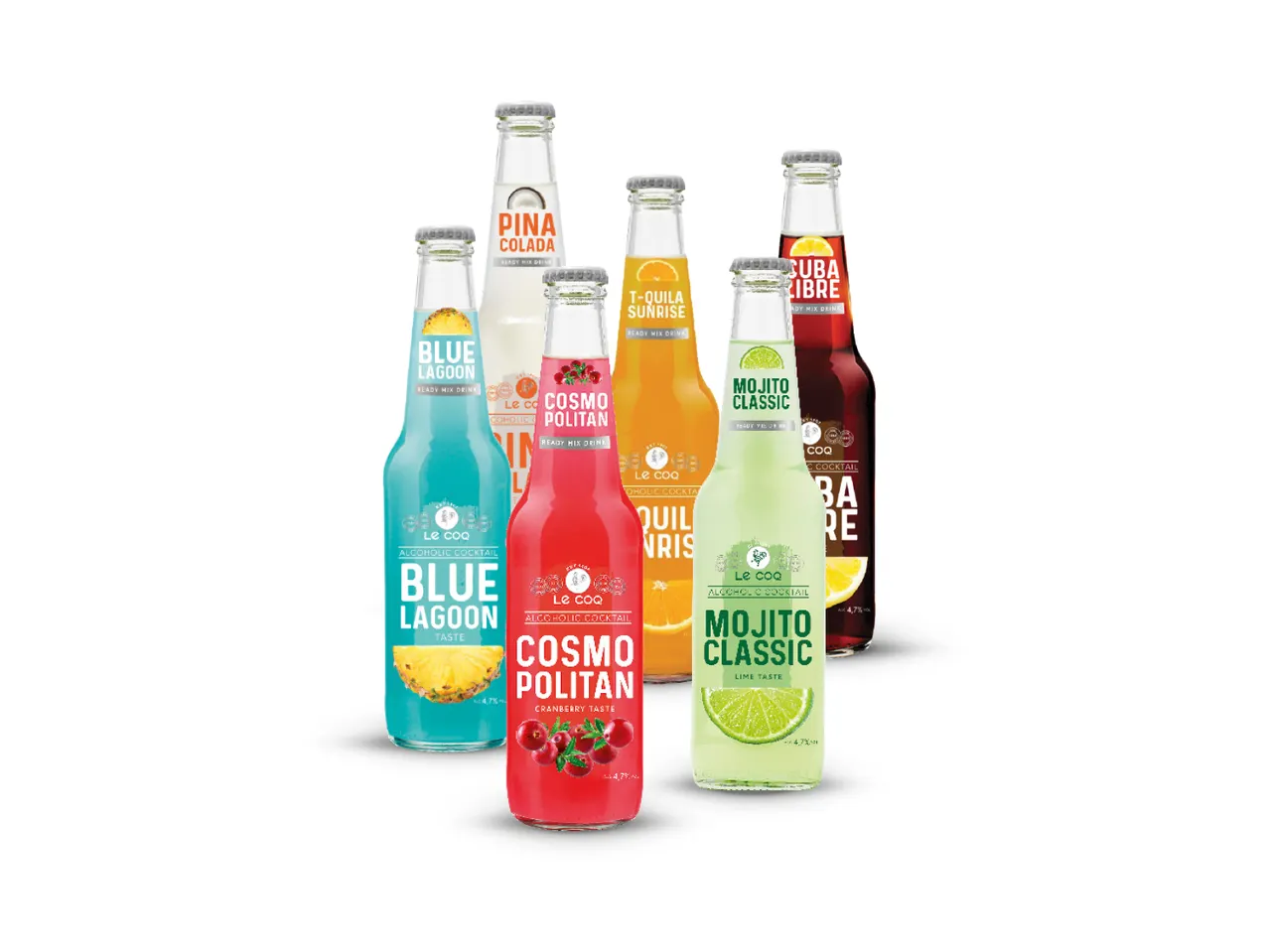 Sortiment alkoholnih koktela Le Coq u bocama: Pina Colada, Blue Lagoon, Cosmopolitan, Tequila Sunrise, Mojito Classic i Cuba Libre.