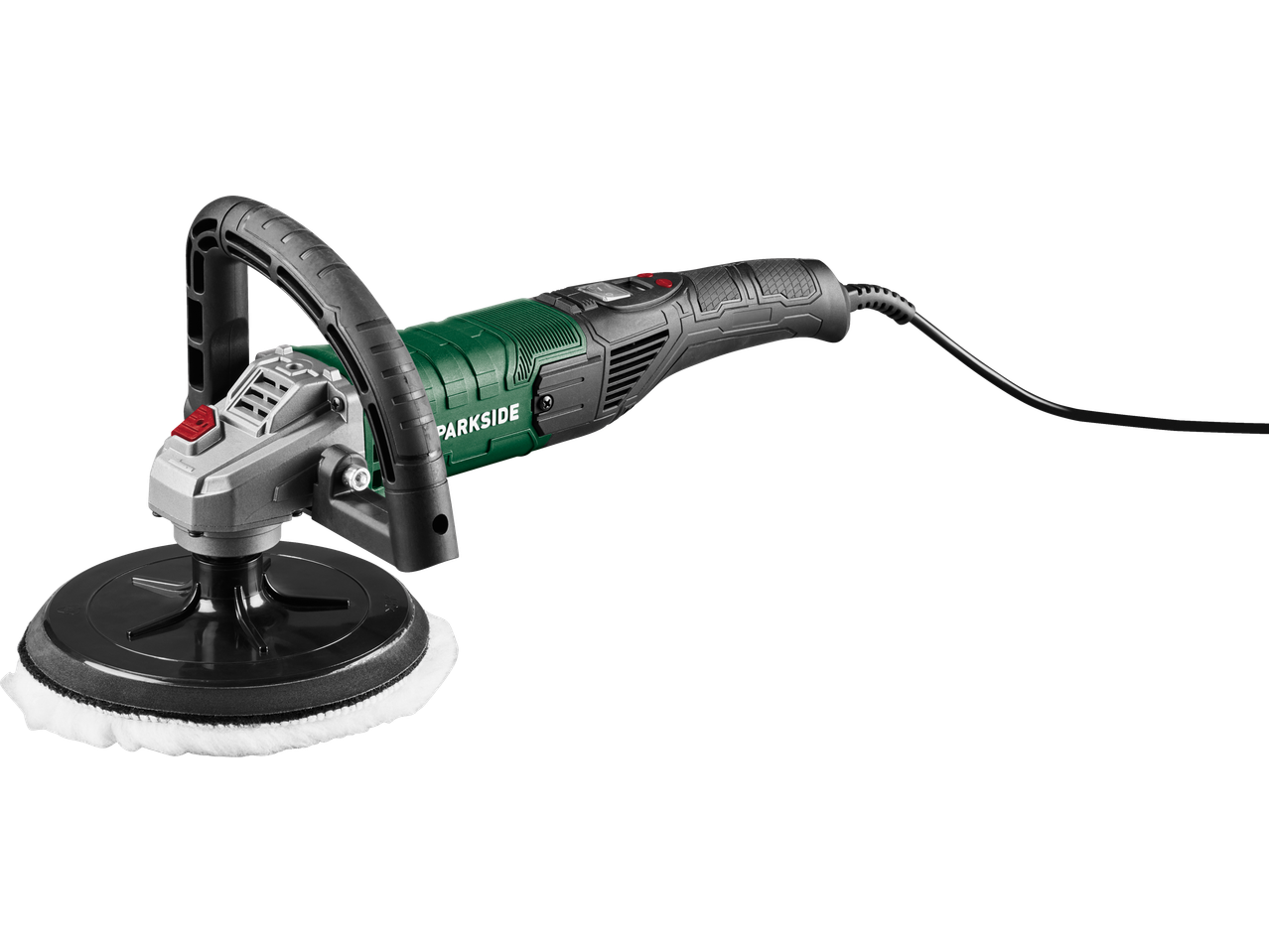 Máquina de polir PARKSIDE com pega e cabo, sobre fundo preto.