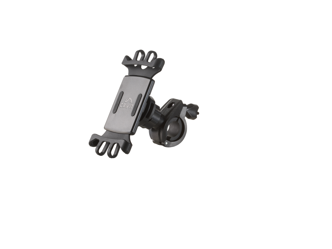 Viedtālruņa turētājs velosipēdam ar regulējamu stiprinājumu un melnu dizainu.