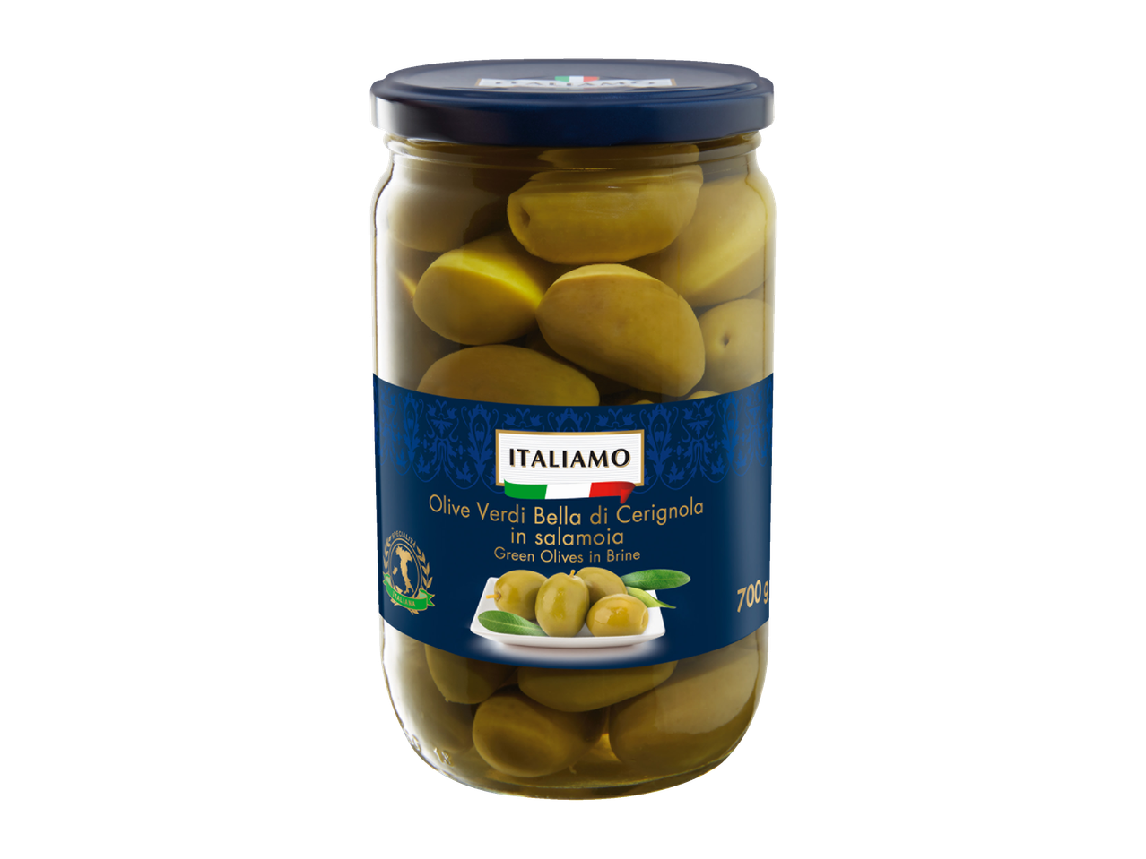ITALIAMO Olive Verdi Bella di Cerignola groene olijven in pekel, 700g pot.