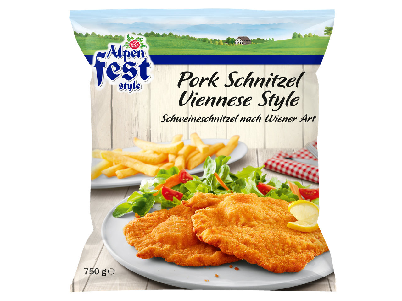 Alpenfest Pork Schnitzel Viennese Style with fries and salad on a white plate.