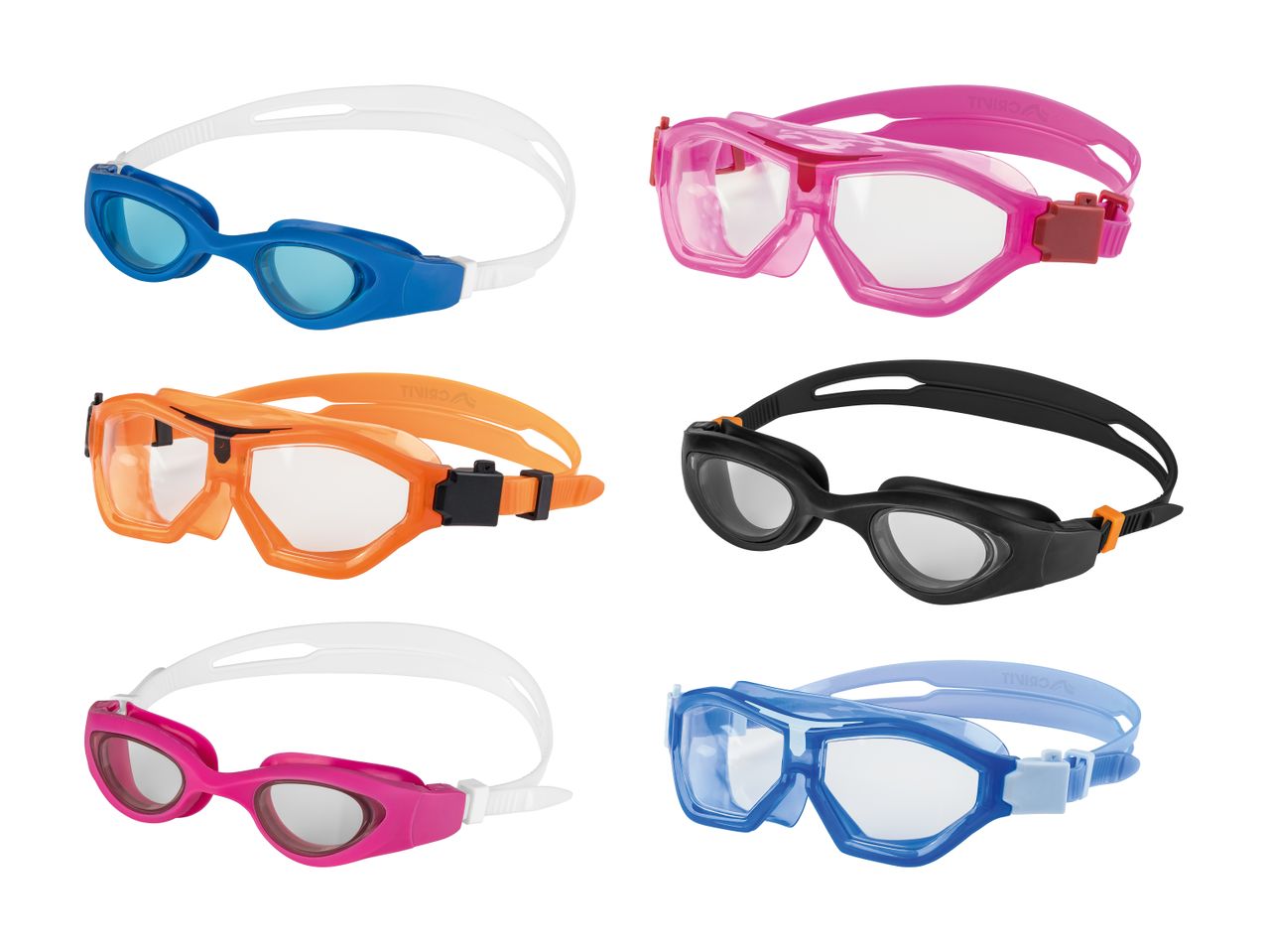 Seks par svømmebriller i forskellige farver, herunder blå, pink, orange og sort.