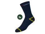 Five pairs of navy blue work socks with yellow accents.