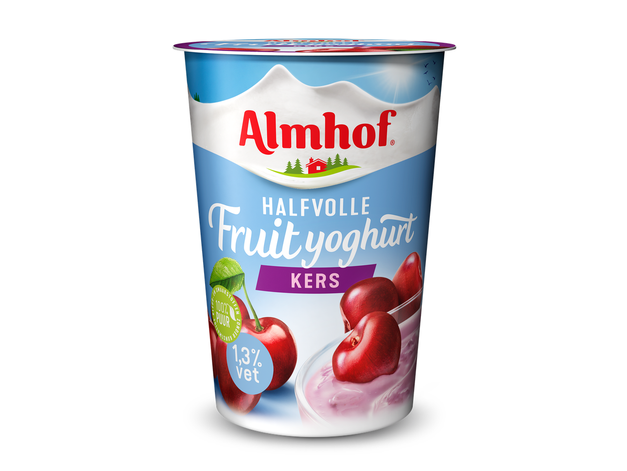 Halfvolle fruit yoghurt met kersen, 1,3% vet, zonder kunstmatige kleur- en smaakstoffen.