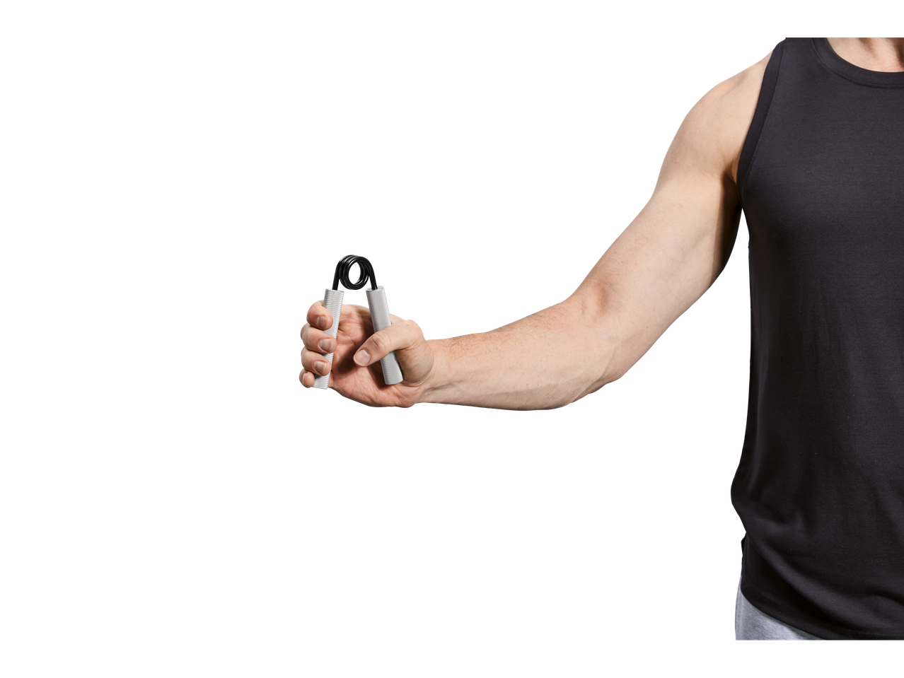 Muškarac drži Crivit spravu za vežbanje ruku.