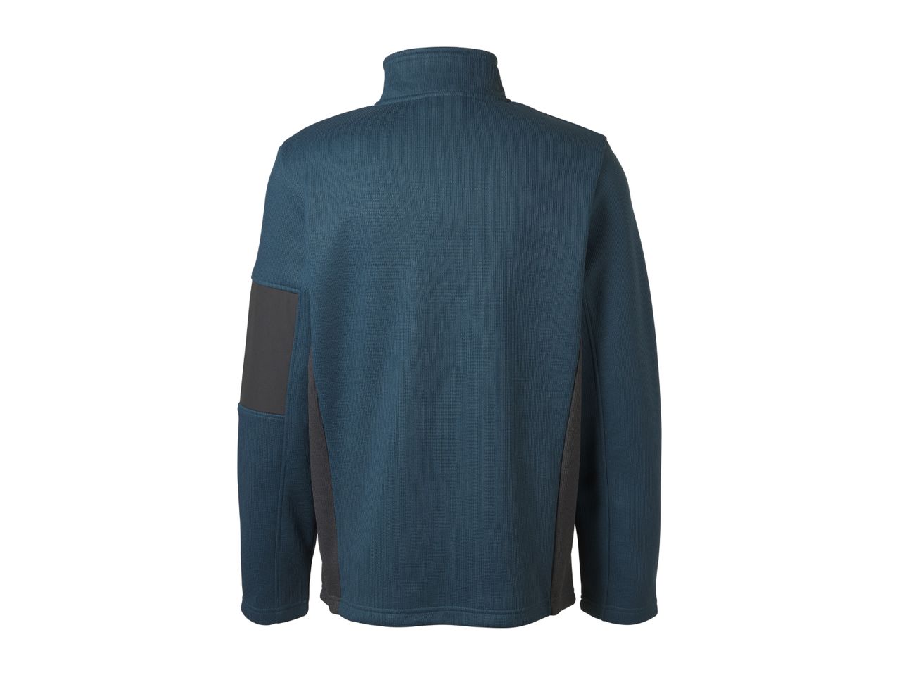 Men's blue long-sleeved fleece jacket with dark grey accents, back view