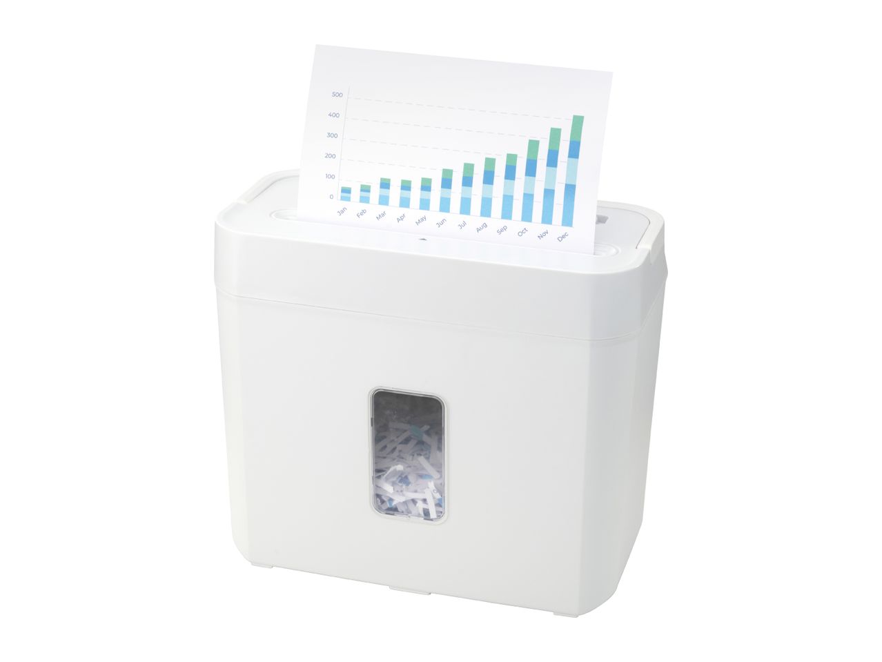 White paper shredder with a graph document being shredded, showing monthly data from Jan to Dec.