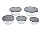 Set of five clear glass bowls with grey plastic lids, varying in size.