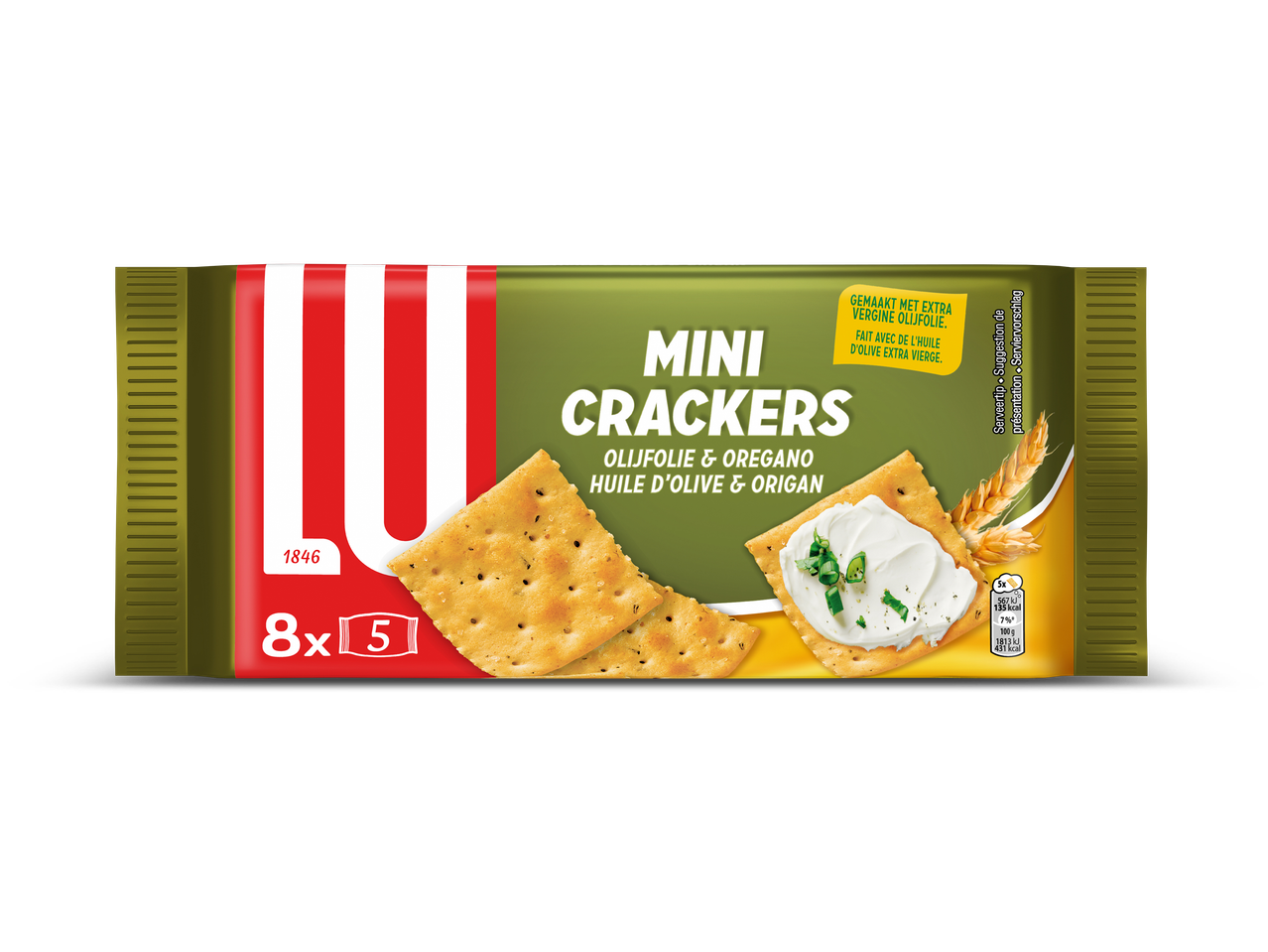 Verpakking mini crackers met olijfolie en oregano, met een cracker belegd met roomkaas.
