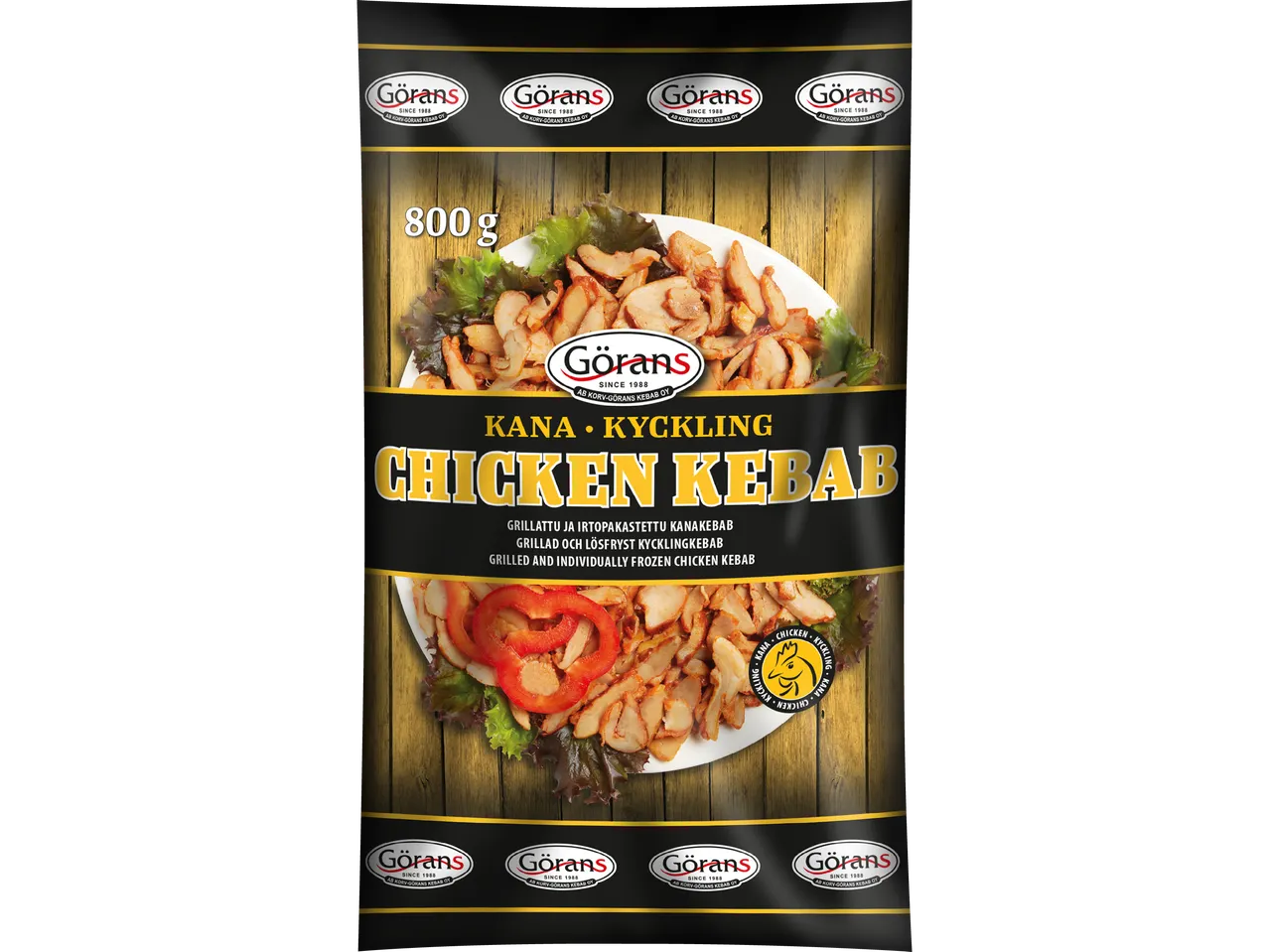 Förpackning med Görans kycklingkebab, 800g, med texten 'KANA • KYCKLING CHICKEN KEBAB'.