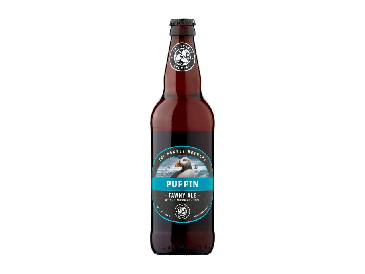 A bottle of The Orkney Brewery Puffin Tawny Ale, featuring a puffin on the label.
