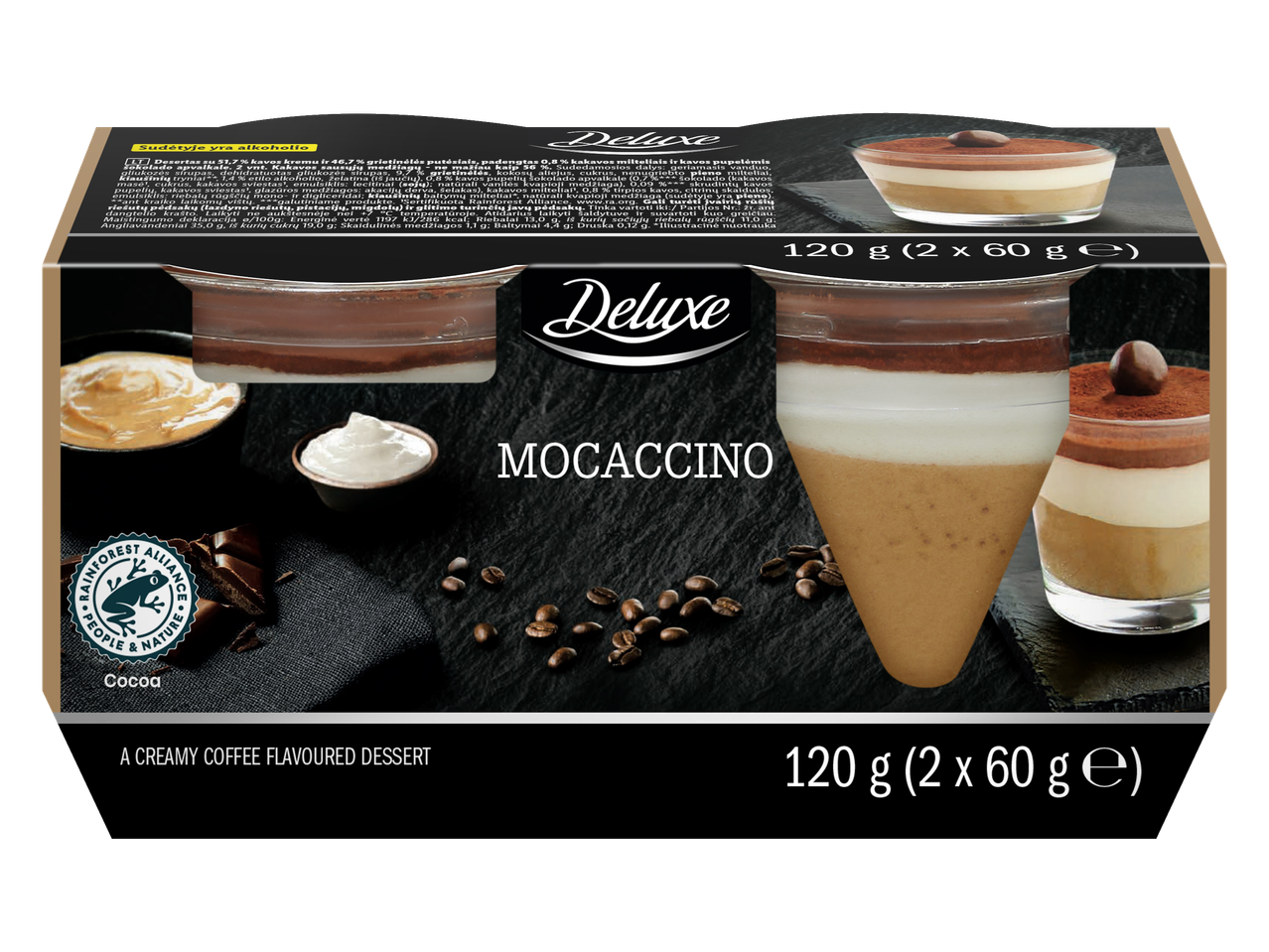 Cupe de desert Deluxe Moccacino cu cafea, frișcă și ciocolată, 120g (2x60g).