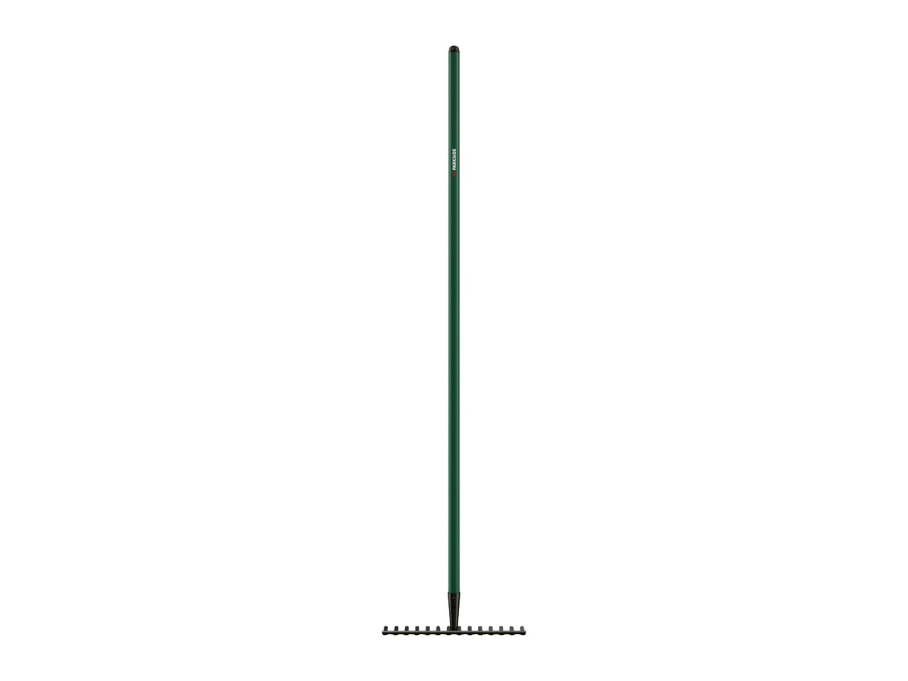 Green garden rake with a long handle and black tines