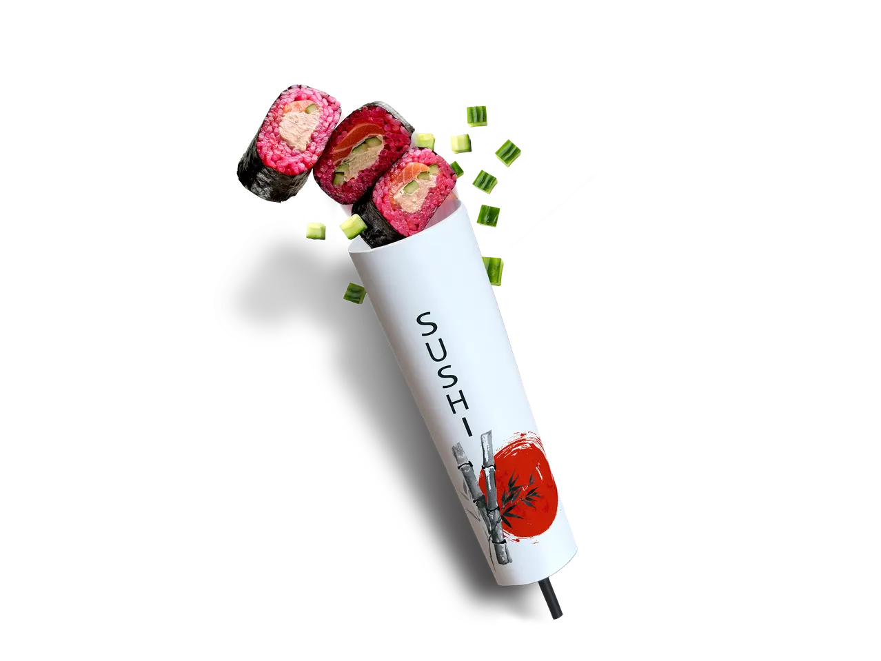 Drie sushirollen met roze rijst en komkommer, uit een witte koker met 'SUSHI' erop.