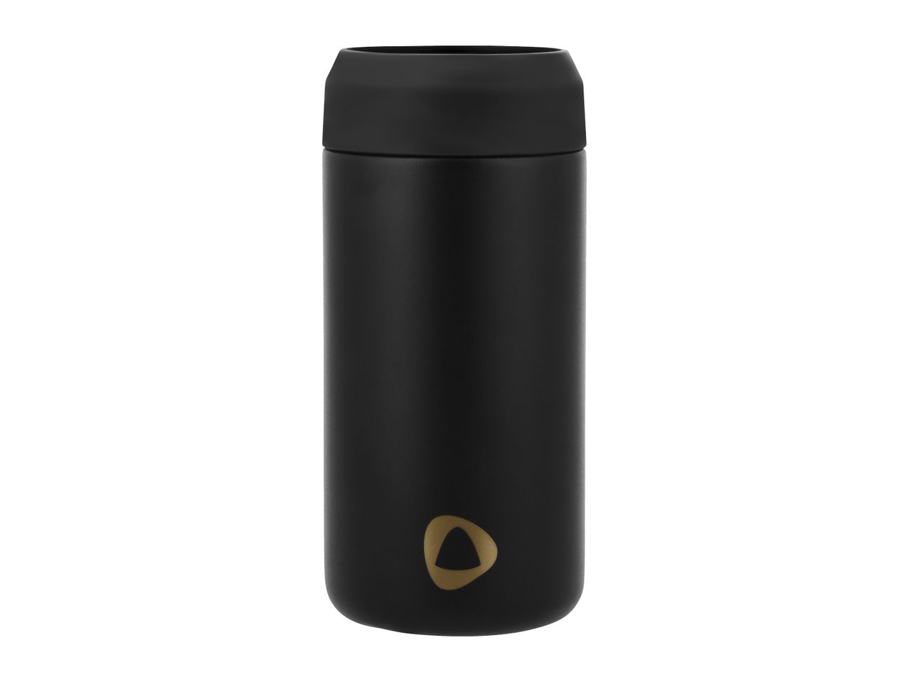 Black insulated beverage container with a gold triangular logo.