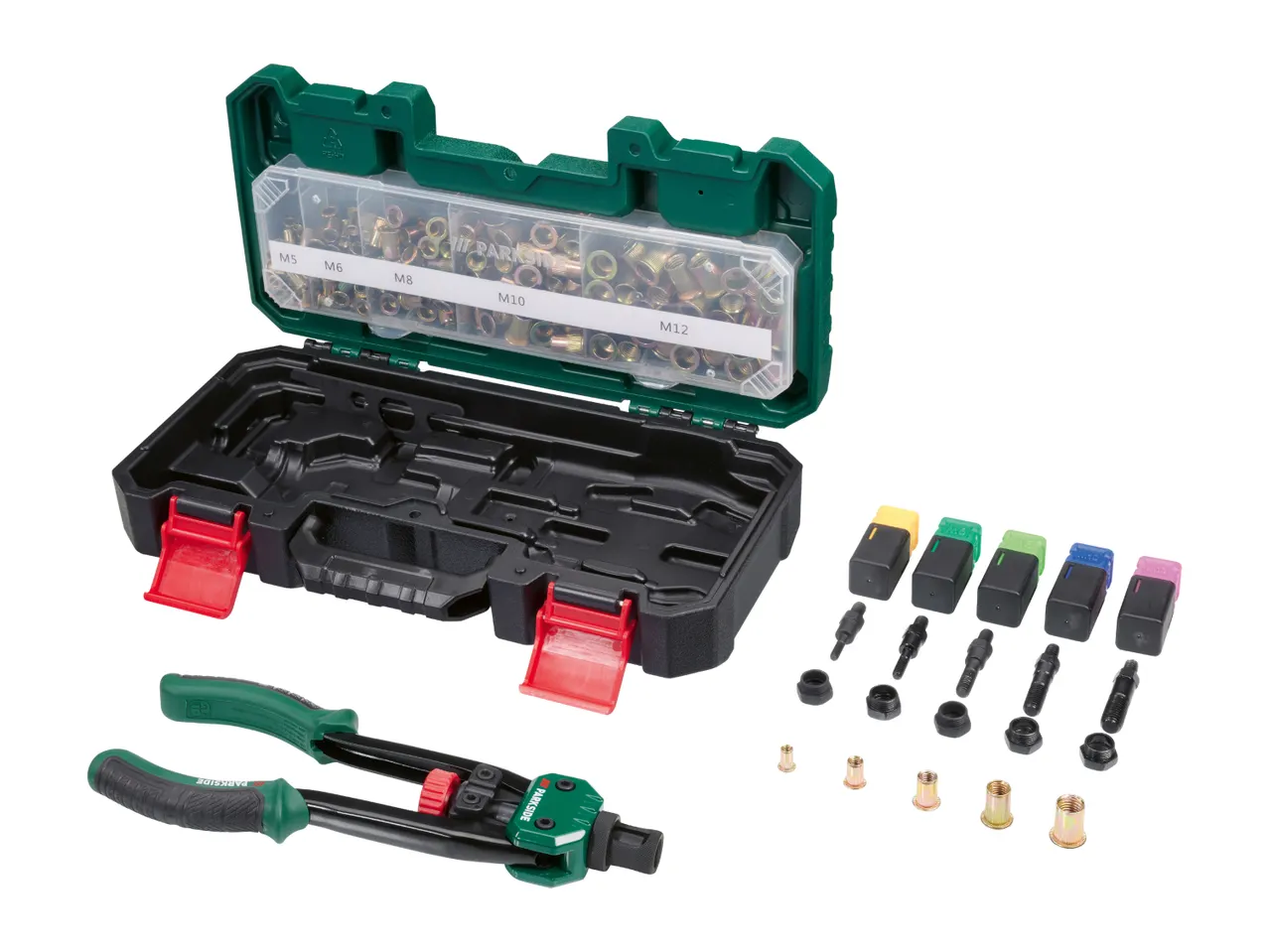 Rivet nut plier set with various rivet nuts (M5, M6, M8, M10, M12) and accessories in a case.