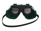 Green safety glasses with a black headband.