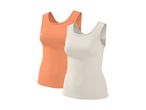 Two ribbed tank tops, one orange and one off-white, on a white background.