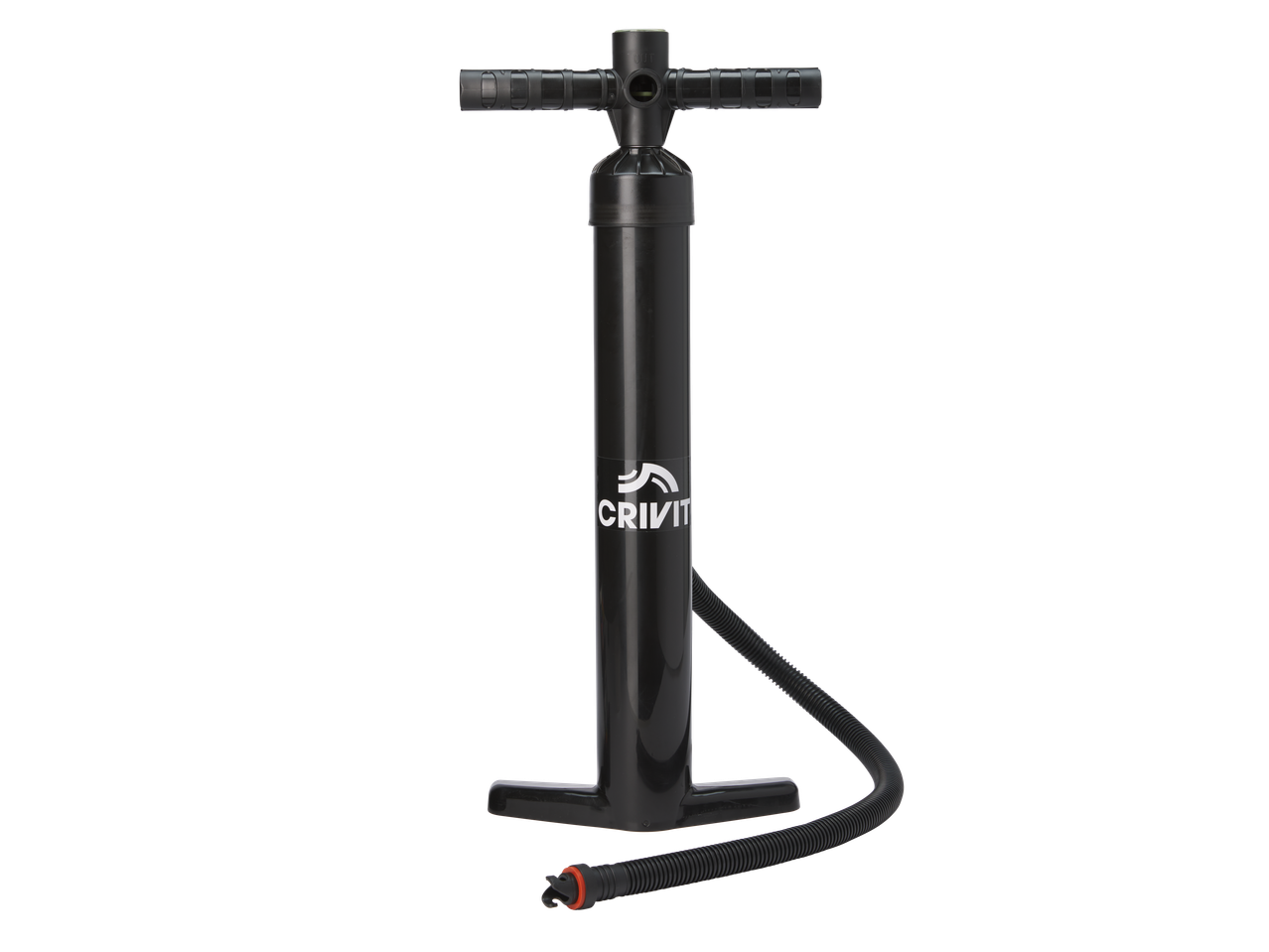 CRIVIT SUP pump with a black hose and red nozzle, standing upright on a black background.