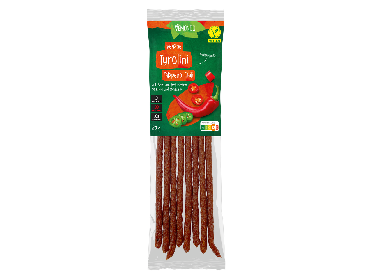 VEMONDO Vegane Tyrolini Jalapeno Chili, pflanzliche Snack-Sticks, 80g, mit Nutri-Score D.