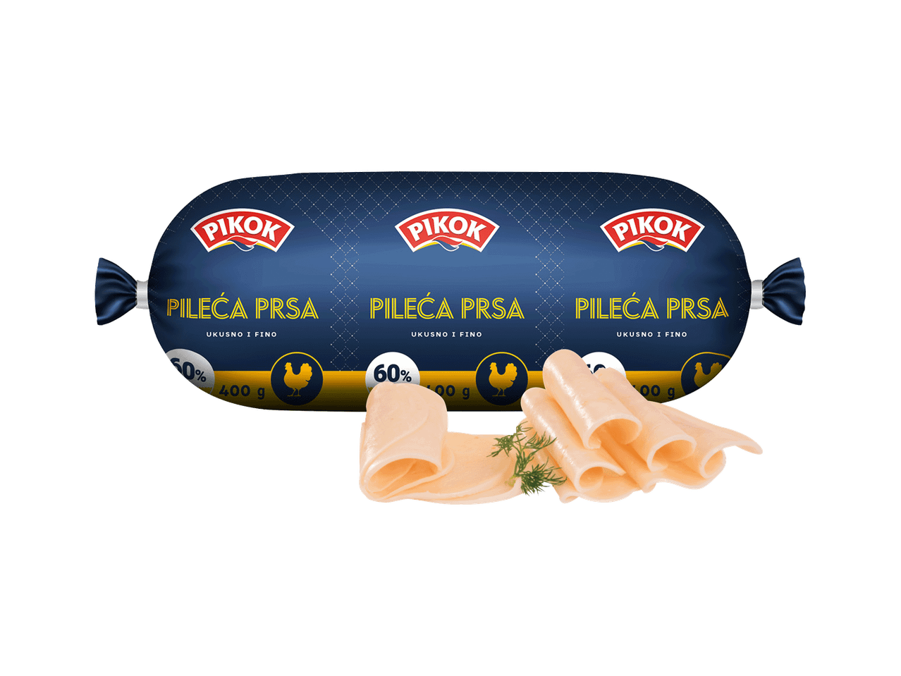Pakovanje pilećih prsa sa natpisom 'Pileća prsa, ukusno i fino', sa narezanim mesom i mirođijom.
