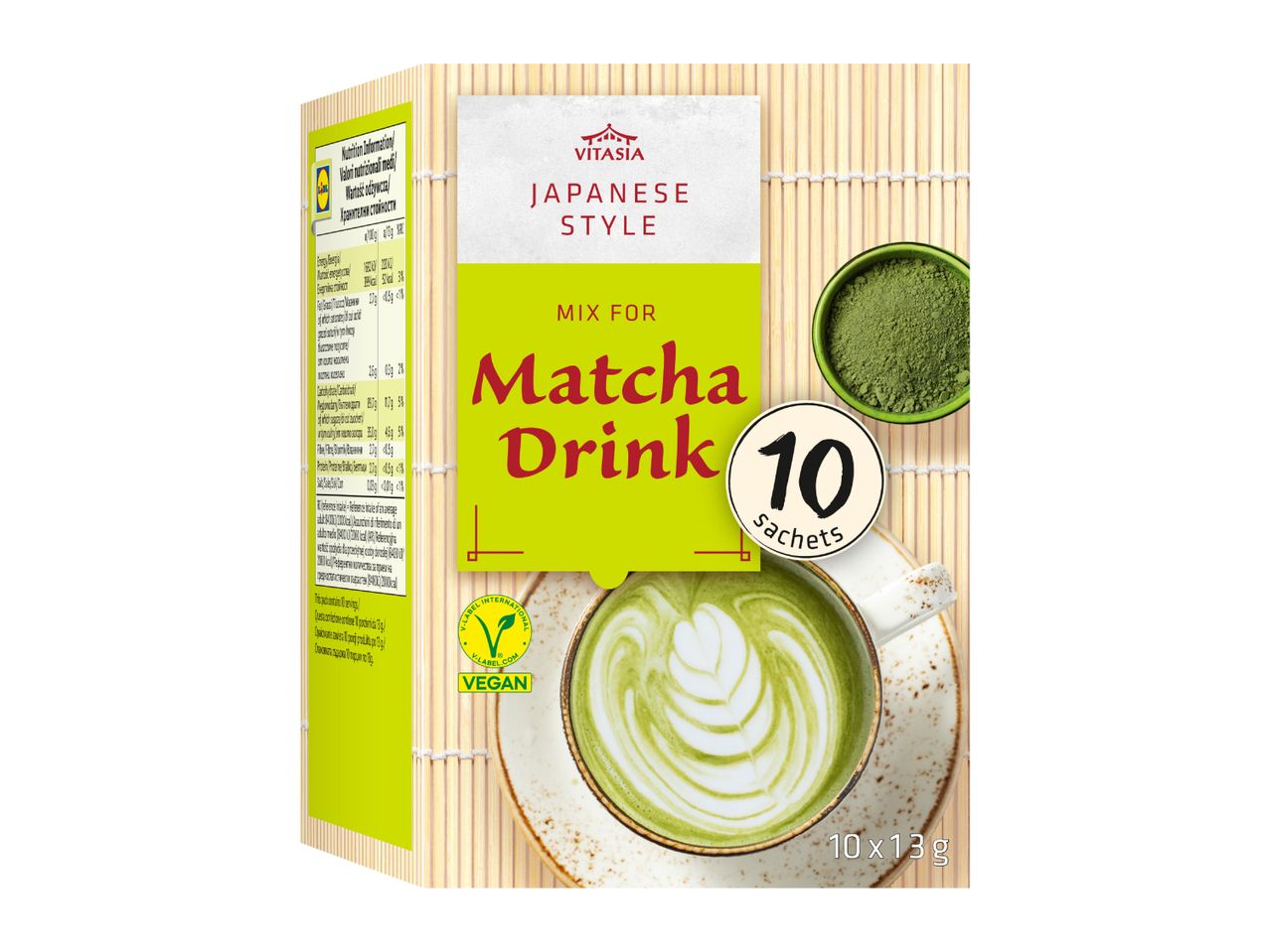 Japanese style matcha drink mix with 10 sachets, vegan, and nutritional information.