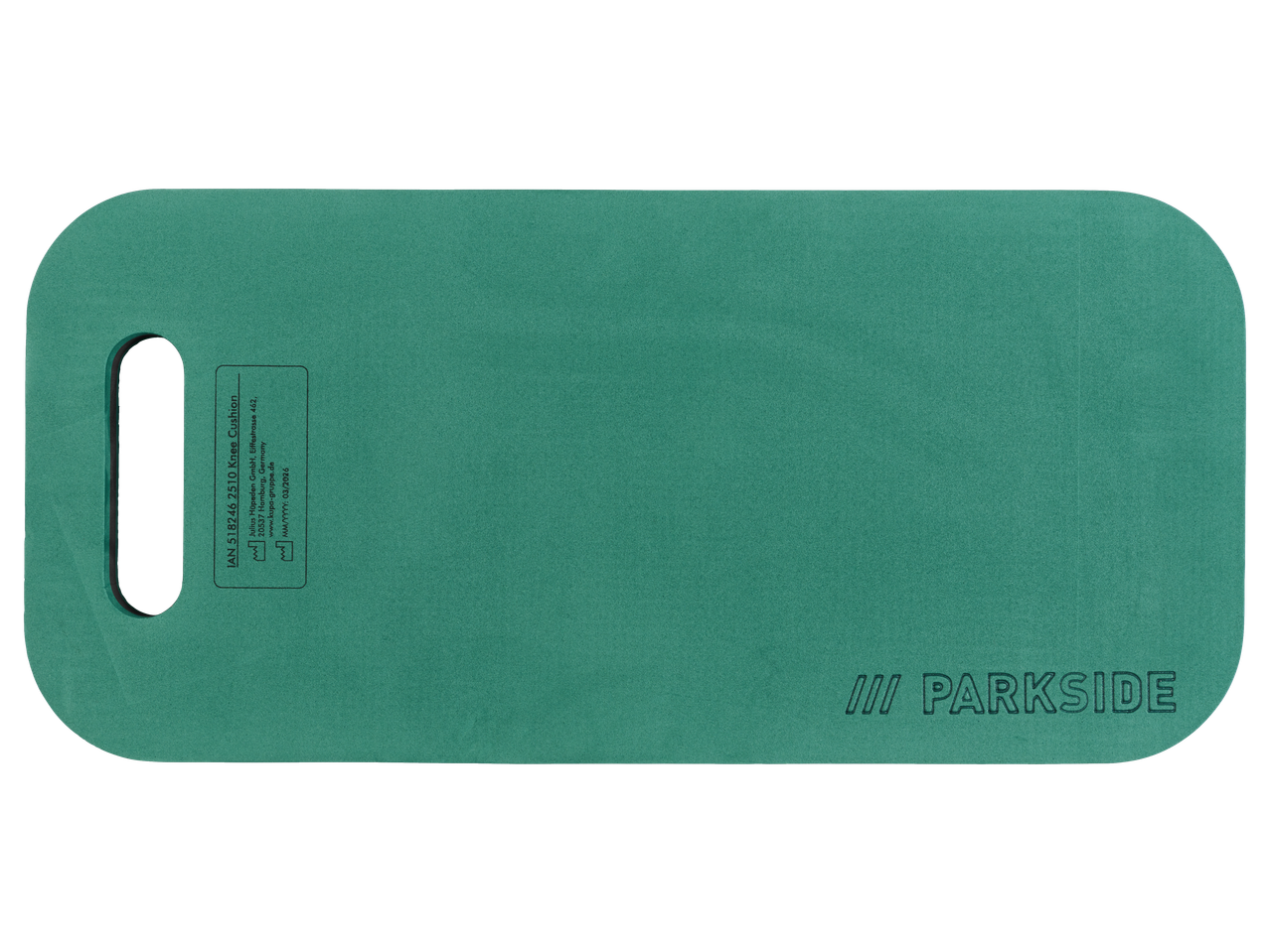 PARKSIDE žalia kelio pagalvėlė su produkto informacija ir logotipu.