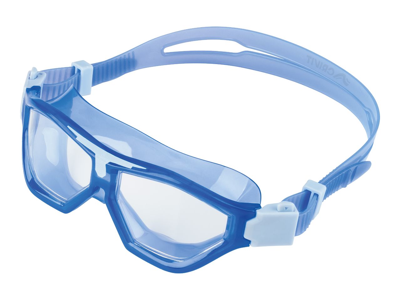 Blue swimming goggles with clear lenses and adjustable strap.