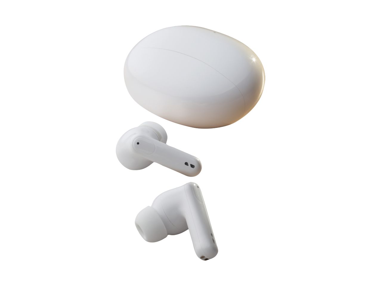 White wireless earbuds and their charging case.