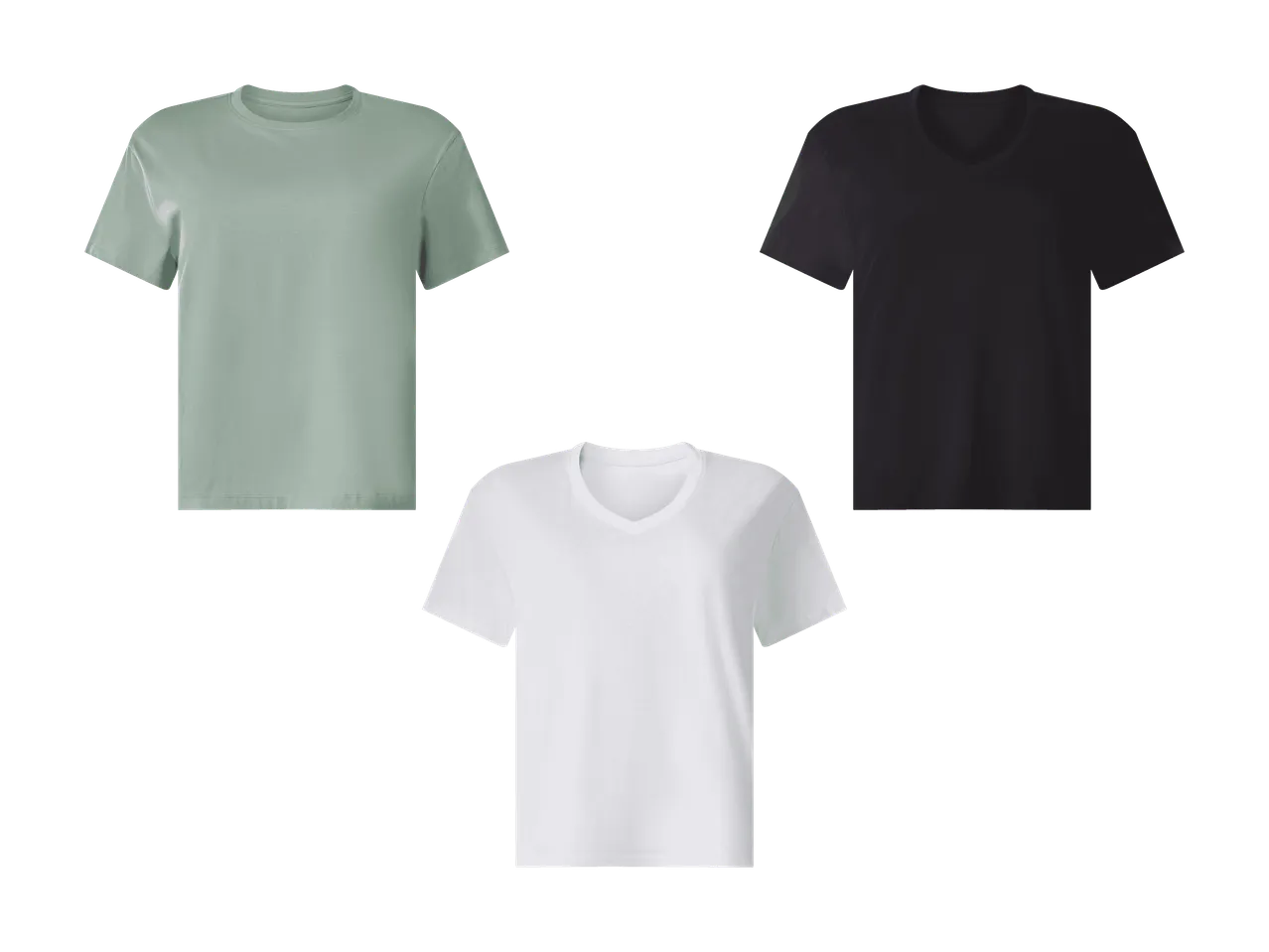 Drei T-Shirts: ein hellgrünes Rundhals-Shirt, ein schwarzes V-Ausschnitt-Shirt und ein weißes V-Ausschnitt-Shirt.