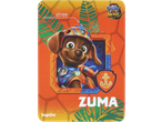 Cartão colecionável com o cão Zuma da Patrulha Pata em fato de dinossauro, número 07/09.